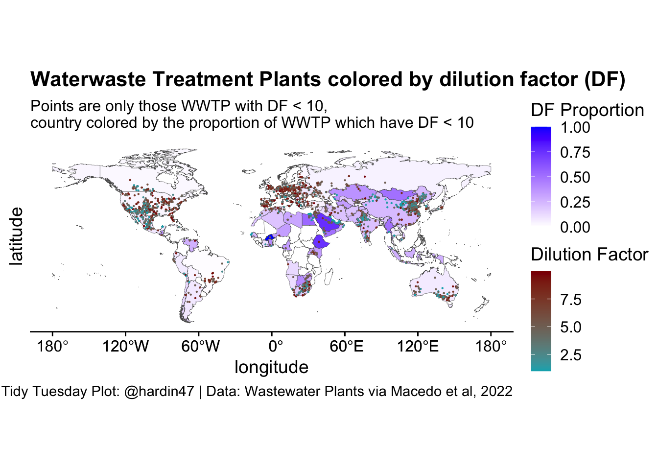 World map plot with countries colored and points at the location for each waste water treatment plant with dilution factor less than 10.