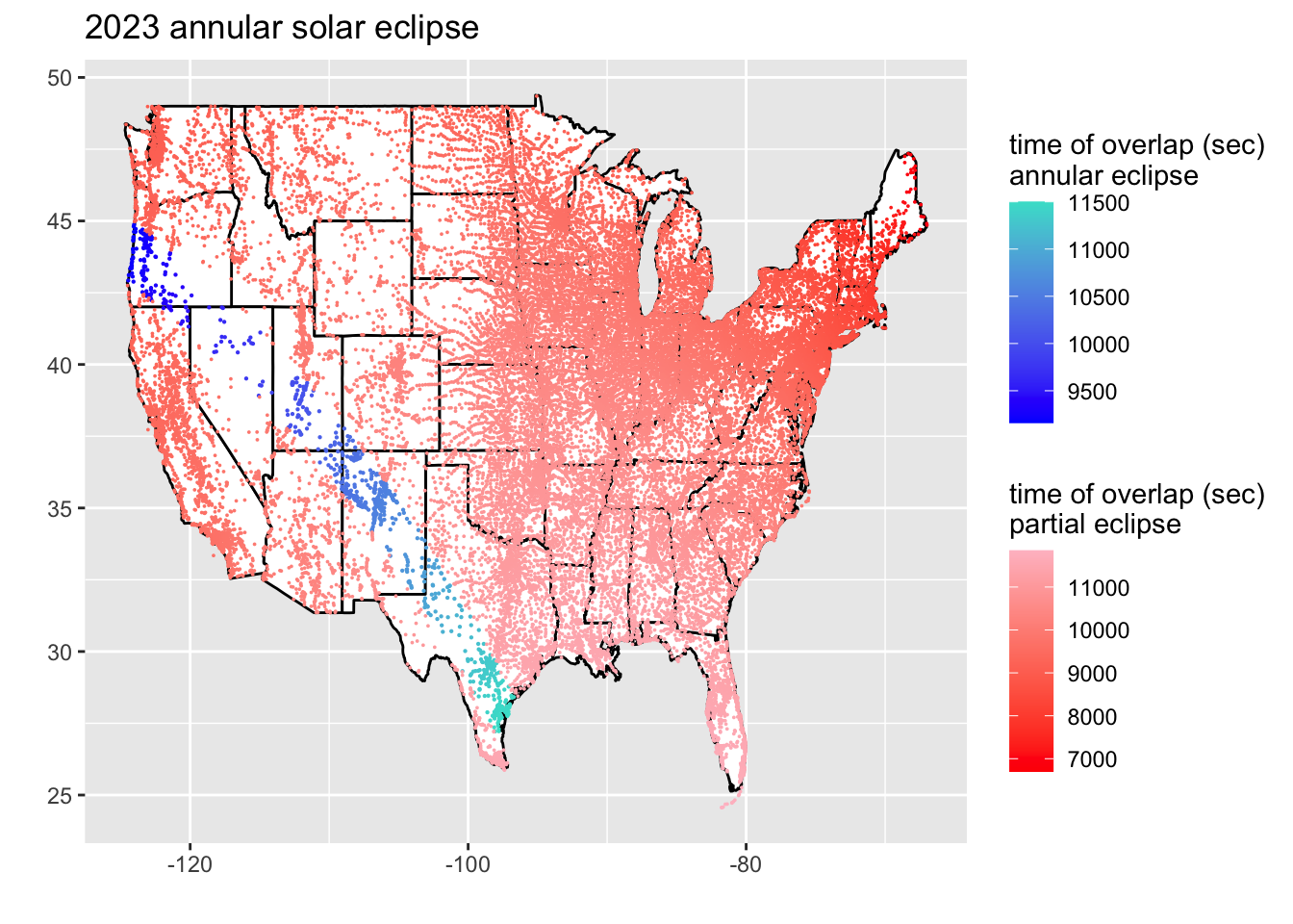 A map of the United States where points are plotted for each city. Each point is colored based on the amount of time the eclipse is happening. That is, the total time the moon contacts the sun at all. The duration of the eclipse depends on both the longitude (basically the distance from the path of the full eclipse) and the latitude (the distance from the equator).
